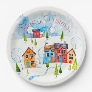 Merry Christmas watercolour snowy township Paper Plates