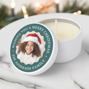 Merry Christmas wavy border name pine green photo Mini Candle Favors