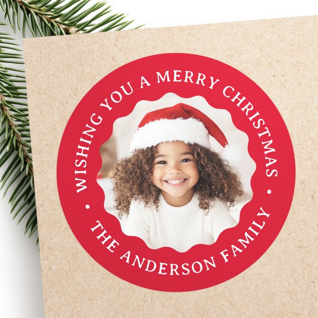 Merry Christmas wavy border red photo Classic Round Sticker (Merry Christmas wavy border red photo Classic Round Sticker)