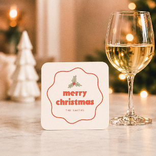 Merry Christmas Wavy Frame Holiday Square Paper Coaster
