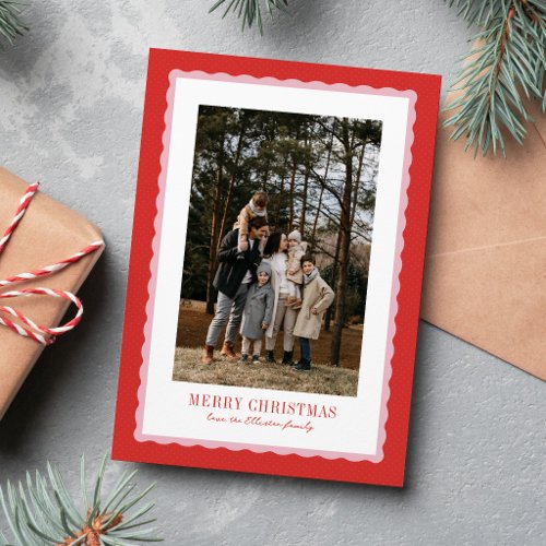 Merry Christmas wavy frame pink red photo Holiday Card