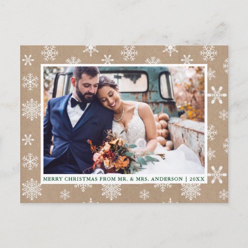Merry Christmas Wedding Photo Snowflakes Kraft Postcard