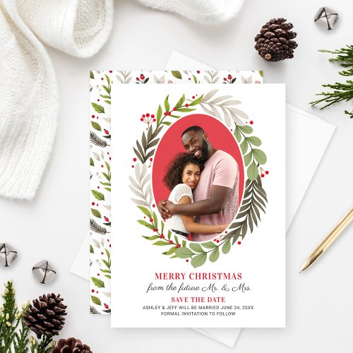 Merry Christmas Wedding Save the Date Wreath Photo Holiday Card