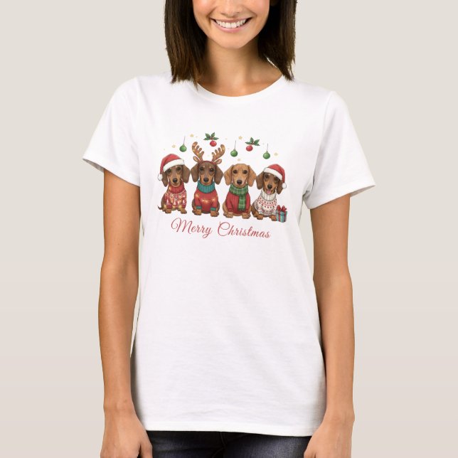 Merry Christmas Weiner Dachshund Holiday T-Shirt (Front)