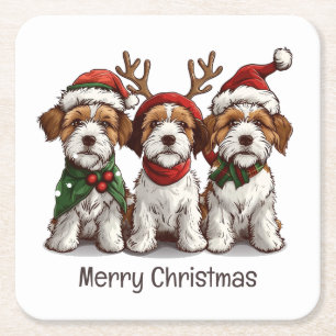 Merry Christmas Welsh Wire Fox Terrier Dogs Square Paper Coaster