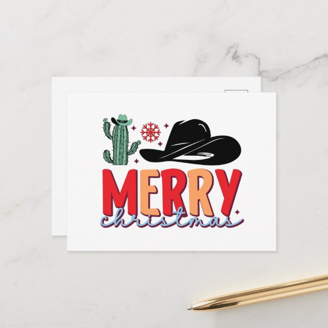 Merry Christmas Western cowboy hat Holiday Postcard (Front/Back In Situ)