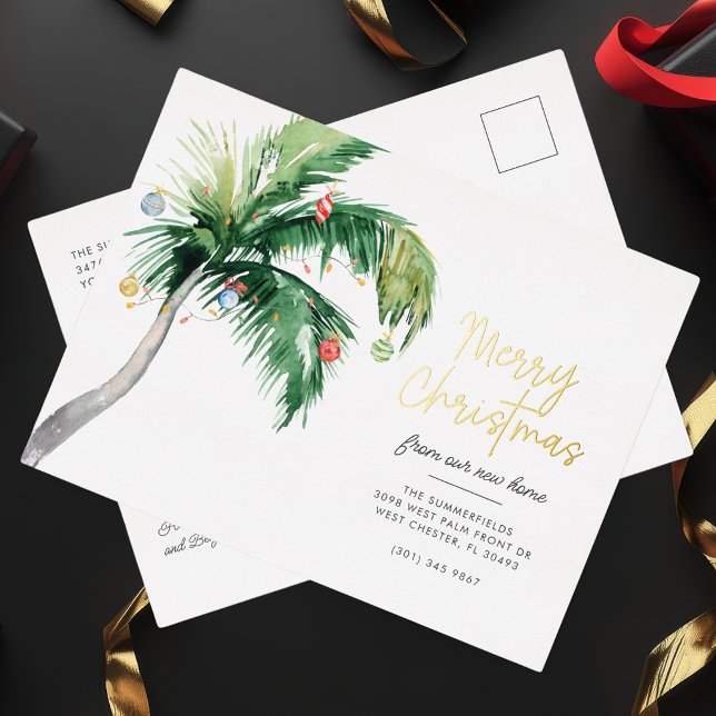 Merry Christmas We've Moved Coastal Palm Tree Gold Foil Holiday Postcard (Merry Christmas Greetings Coastal Palm Tree Script Gold Foil Postcard)