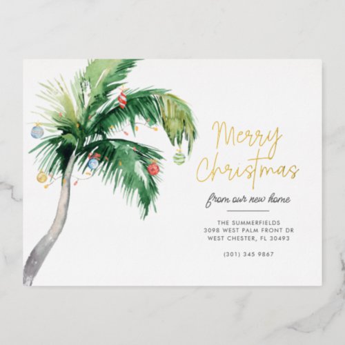 Merry Christmas Weve Moved Coastal Palm Tree Gold Foil Holiday Postcard