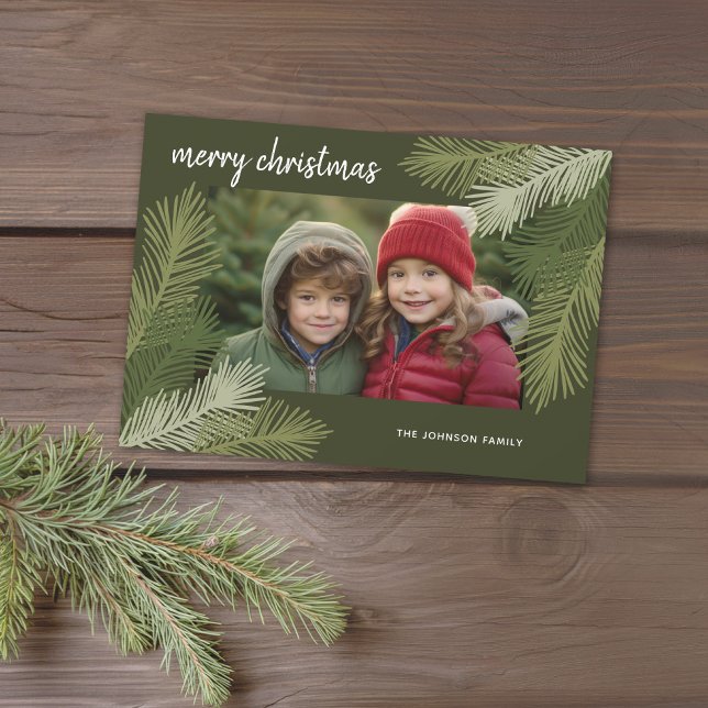 Merry Christmas - Whimsica Branches Modern Photo Holiday Card (Green Pine Branches and a place for 1 photo - download option available)