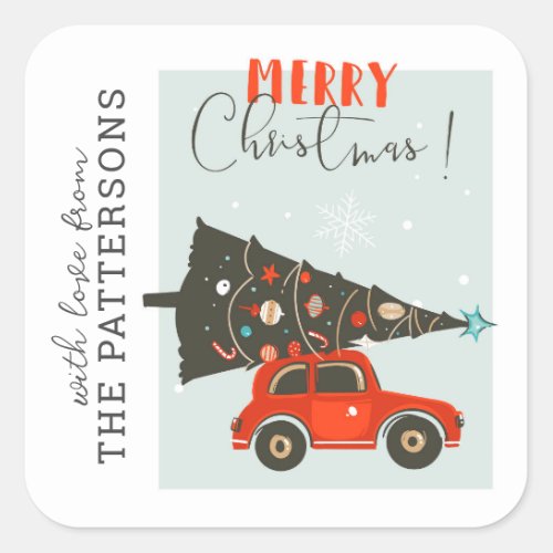 Merry Christmas Whimsical Car Tree Personalized Square Sticker