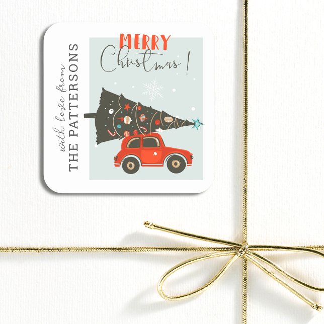 Merry Christmas Whimsical Car Tree Personalized Square Sticker (Creator Uploaded)