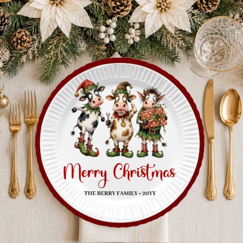 Merry Christmas whimsical cow watercolor christmas Paper Plates