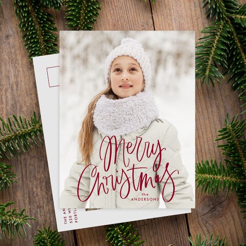 Merry Christmas Whimsical Cranberry Script Photo Holiday Postcard