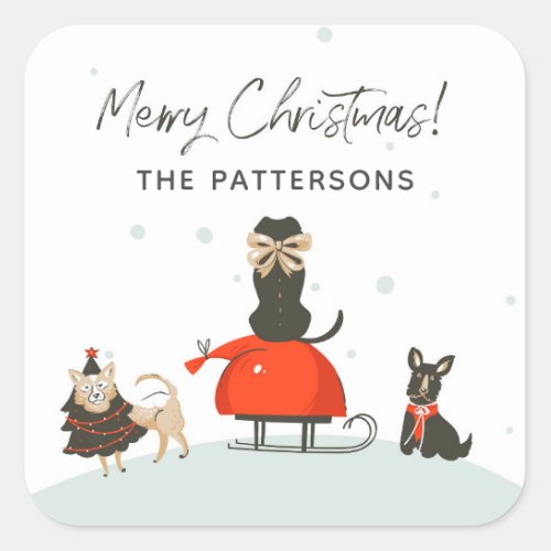 Merry Christmas Whimsical Cute Dogs Custom Name Square Sticker