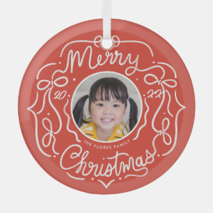 Merry Christmas Whimsical Doodle Photo Glass Ornament