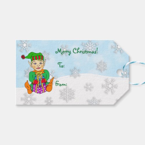 Merry Christmas Whimsical Elf and Snowflakes Gift Tags