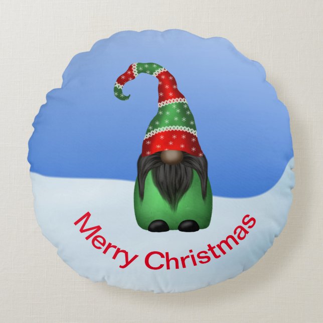 Merry Christmas Whimsical Gnome Round Pillow (Front)