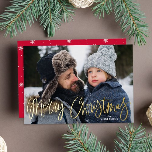 Merry Christmas Whimsical Gold Script Photo Foil Holiday Card