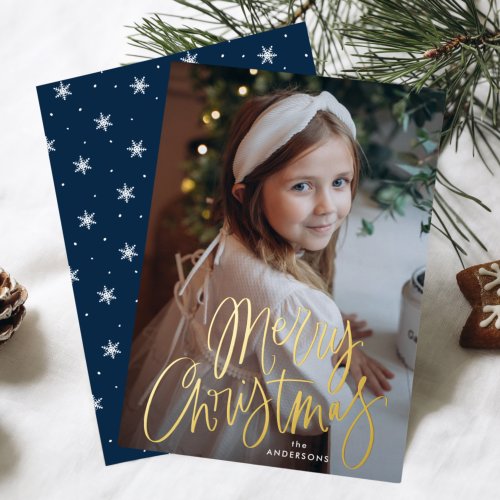 Merry Christmas Whimsical Gold Script Photo Foil Holiday Card