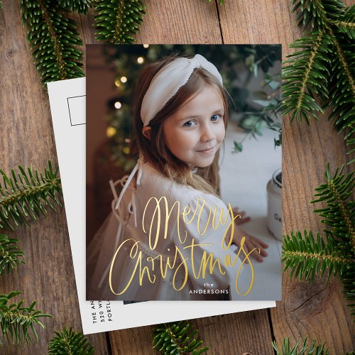 Merry Christmas Whimsical Gold Script Photo Foil Holiday Postcard
