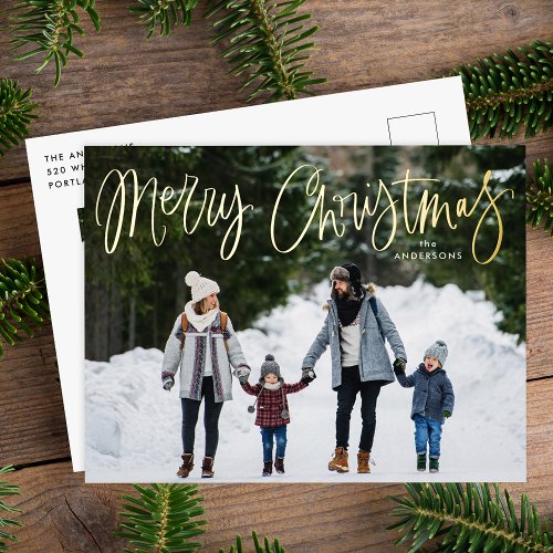 Merry Christmas Whimsical Gold Script Photo Foil Holiday Postcard