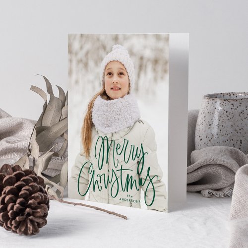 Merry Christmas Whimsical Green Script Photo Holiday Card