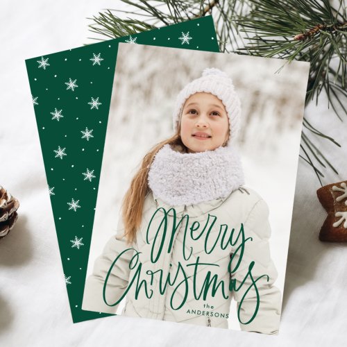 Merry Christmas Whimsical Green Script Photo Holiday Card
