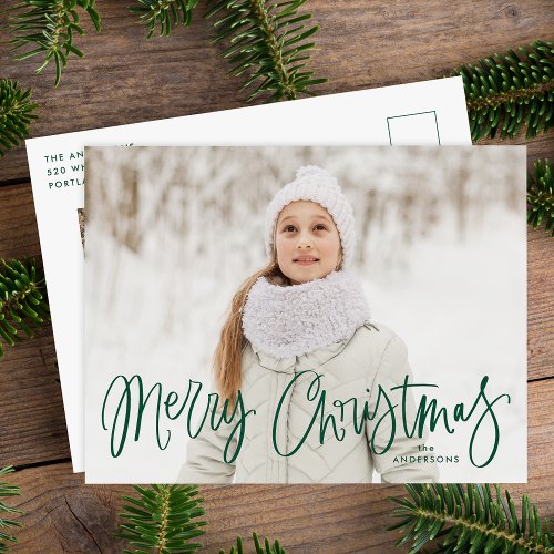 Merry Christmas Whimsical Green Script Photo Holiday Postcard