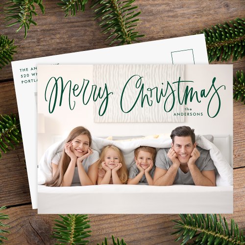 Merry Christmas Whimsical Green Script Photo Holiday Postcard