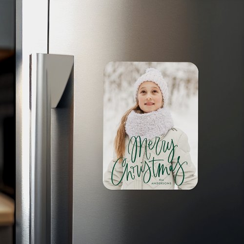 Merry Christmas Whimsical Green Script Photo Magnet