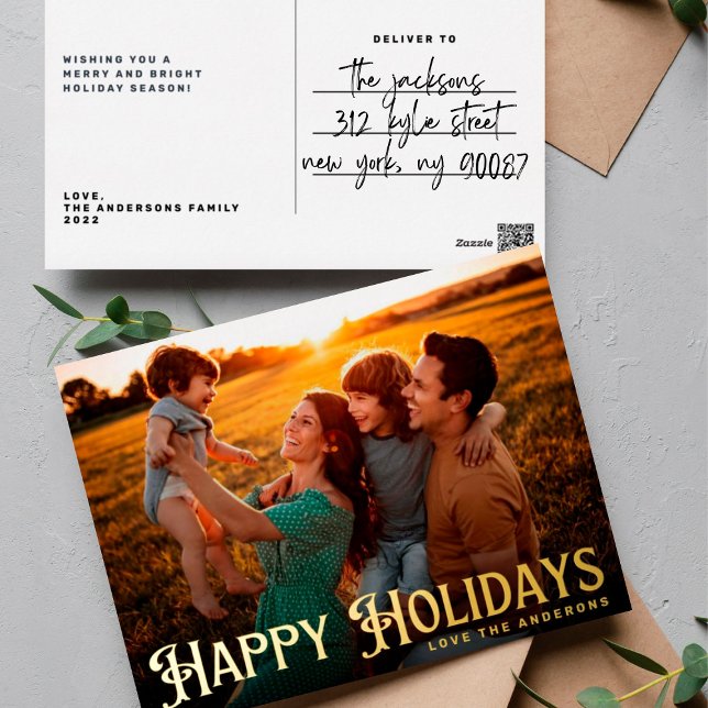 Merry Christmas WHIMSICAL letters Photo Happy Gold Foil Holiday Postcard (Creator Uploaded)
