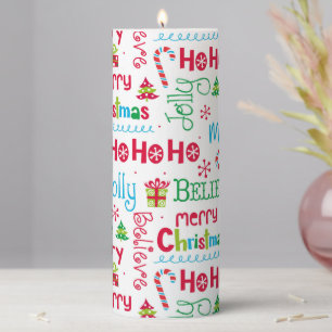 Merry Christmas Whimsical Modern Jolly Typography Pillar Candle