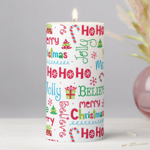 Merry Christmas Whimsical Modern Jolly Typography Pillar Candle