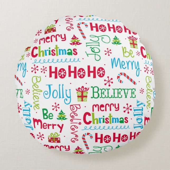 Merry Christmas Whimsical Modern Jolly Typography Round Pillow (Front)