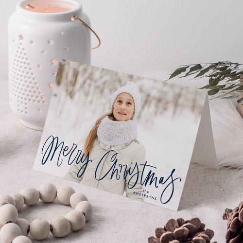 Merry Christmas Whimsical Navy Script Photo Holiday Card