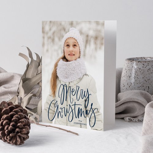 Merry Christmas Whimsical Navy Script Photo Holiday Card