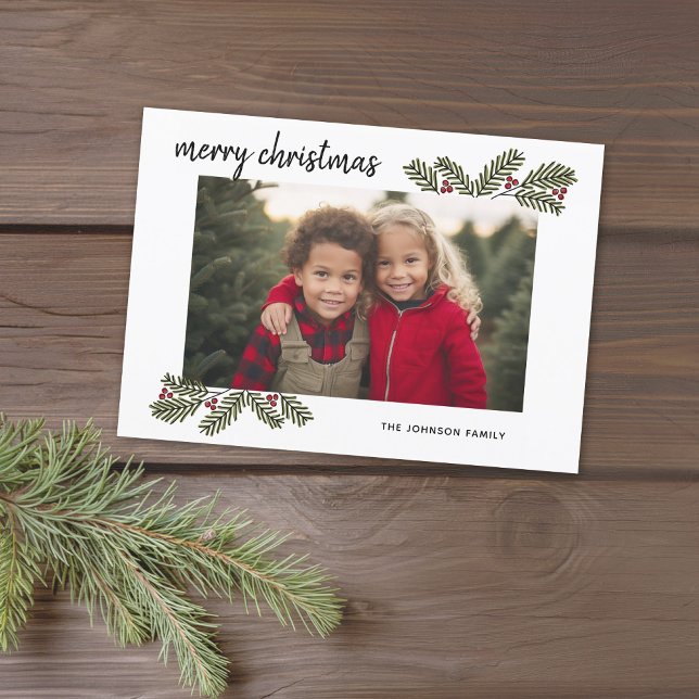 Merry Christmas Whimsical Pine Branches - 1 Photo Holiday Card (Merry Christmas Card with 1 photo and whimsical branches)