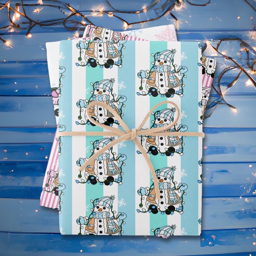 Merry Christmas Whimsical Pink Blue Snowmen Wrapping Paper Sheets