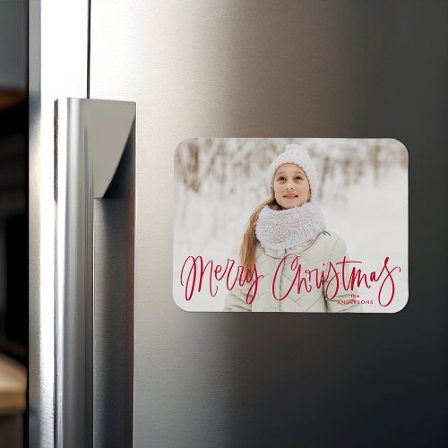 Merry Christmas Whimsical Red Script Holiday Photo Magnet