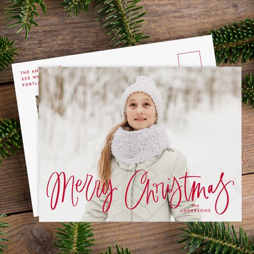 Merry Christmas Whimsical Red Script Photo Holiday Postcard