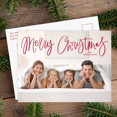 Merry Christmas Whimsical Red Script Photo Holiday Postcard