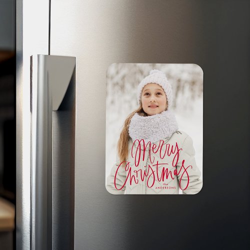Merry Christmas Whimsical Red Script Photo Magnet