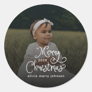 Merry Christmas Whimsical Script Baby Photo Classic Round Sticker
