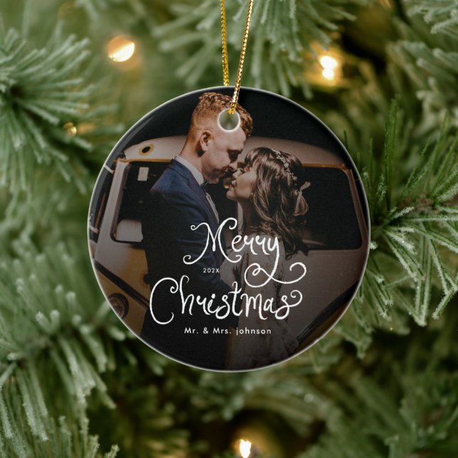 Merry Christmas Whimsical Script  Custom Photo  Ceramic Ornament (Tree)