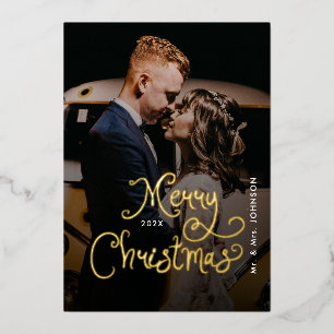 Merry Christmas Whimsical Script  Custom Photo  Foil Holiday Card