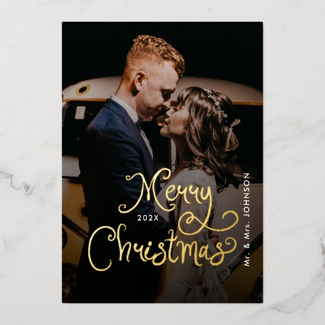 Merry Christmas Whimsical Script  Custom Photo  Foil Holiday Card (Front)