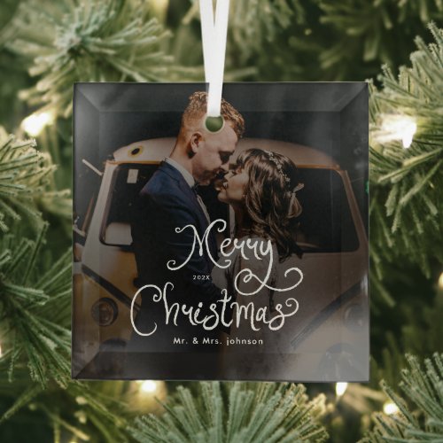 Merry Christmas Whimsical Script  Custom Photo  Glass Ornament