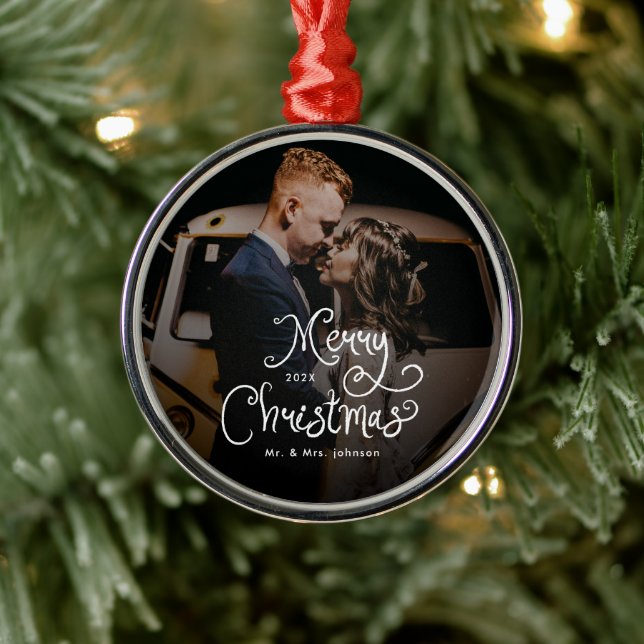Merry Christmas Whimsical Script  Custom Photo  Metal Ornament (Tree)