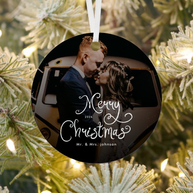Merry Christmas Whimsical Script  Custom Photo  Metal Ornament (Insitu)