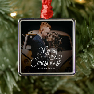 Merry Christmas Whimsical Script  Custom Photo  Metal Ornament